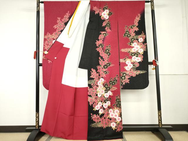 平和屋着物●豪華振袖 刺繍 桜 暈し染め 黒地 金糸 金彩 銀通し地 鈴乃屋扱い 正絹 逸品 AABK1822cs
