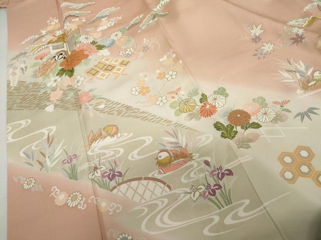 平和屋着物●訪問着 駒刺繍 御所車鴛鴦草花文 暈し染め 金糸 金彩 正絹 逸品 AABK1826cs