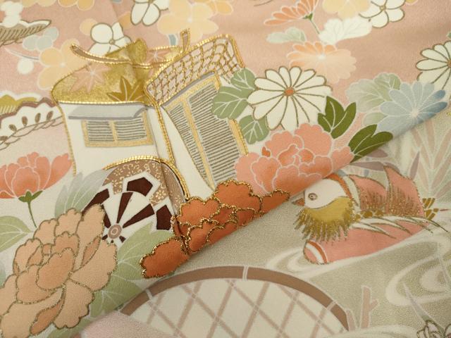 平和屋着物●訪問着 駒刺繍 御所車鴛鴦草花文 暈し染め 金糸 金彩 正絹 逸品 AABK1826cs