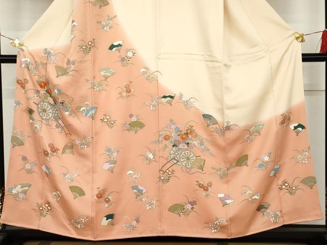 平和屋着物●訪問着 駒刺繍 扇面花車文 暈し染め 金彩 正絹 逸品 AABK1829cs