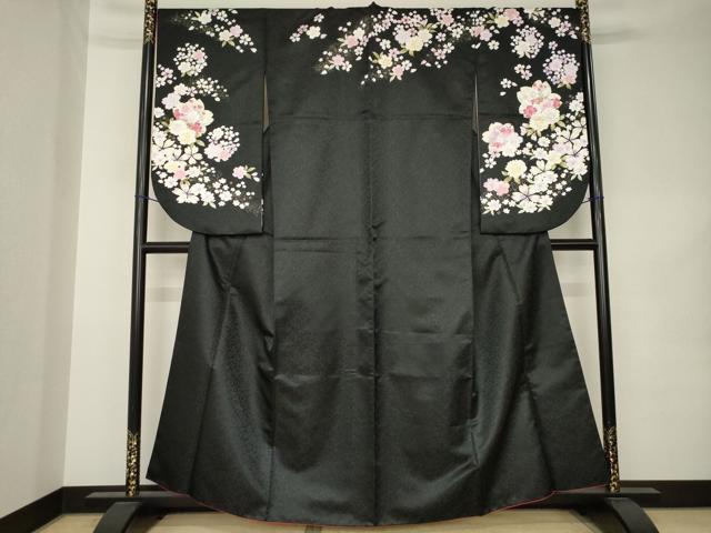 平和屋着物●小振袖 二尺袖 舞花文 黒地 金彩 銀通し地 洗える着物 AABK1852ck