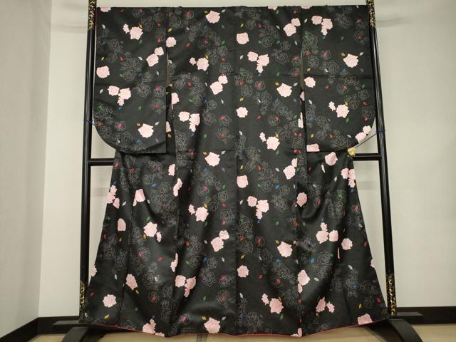 平和屋着物●小振袖 二尺袖 舞花文 薔薇 バラ 黒地 銀通し地 洗える着物 AABK1854ck