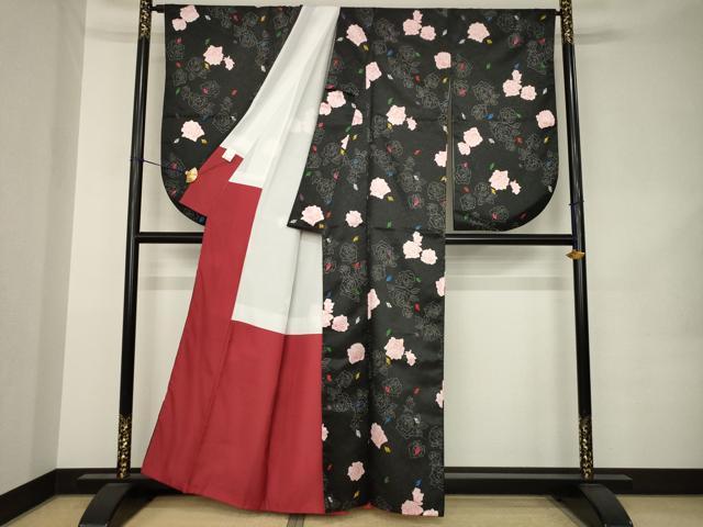 平和屋着物●小振袖 二尺袖 舞花文 薔薇 バラ 黒地 銀通し地 洗える着物 AABK1854ck