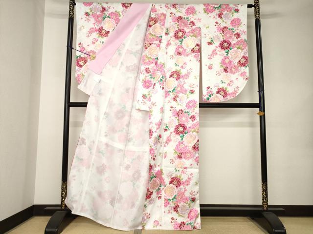 平和屋着物●小振袖 二尺袖 舞花文 薔薇 バラ 金彩 洗える着物 AABK1855ck