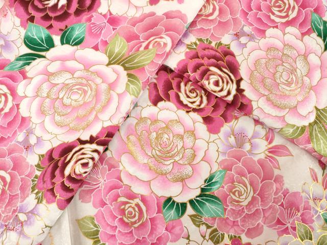 平和屋着物●小振袖 二尺袖 舞花文 薔薇 バラ 金彩 洗える着物 AABK1855ck