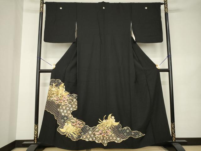 平和屋着物●豪華黒留袖 駒刺繍 道長鳳凰松文 正絹 逸品 AABK1866ck