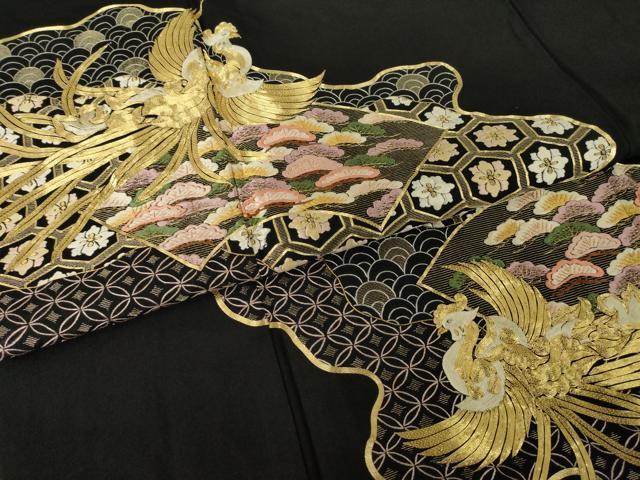 平和屋着物●豪華黒留袖 駒刺繍 道長鳳凰松文 正絹 逸品 AABK1866ck