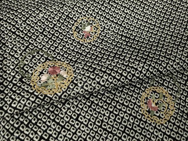 平和屋着物●訪問着 総絞り 刺繍 雪輪花文 黒地 金糸 正絹 逸品 AABK1875ck