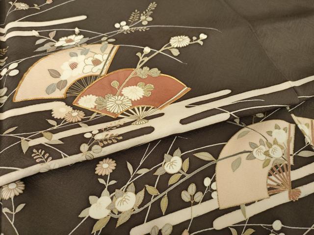 平和屋着物●訪問着 駒刺繍 エ霞扇面花文 正絹 逸品 AABK1899ck