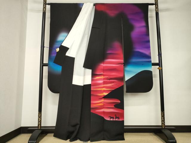 平和屋着物●豪華振袖 作家物 夕暮れ 馬 風景文 黒地 正絹 逸品 AABK1914ck