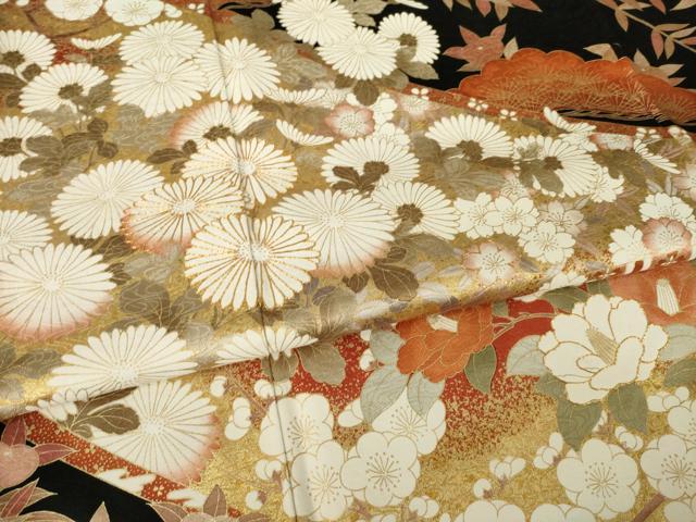 平和屋着物●豪華振袖 駒刺繍 蔓帯花文 黒地 金彩 正絹 逸品 AABK1918ck