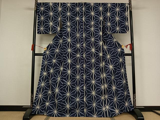 平和屋着物▽小紋 単衣 麻の葉文様 洗える着物 AABK1924jh