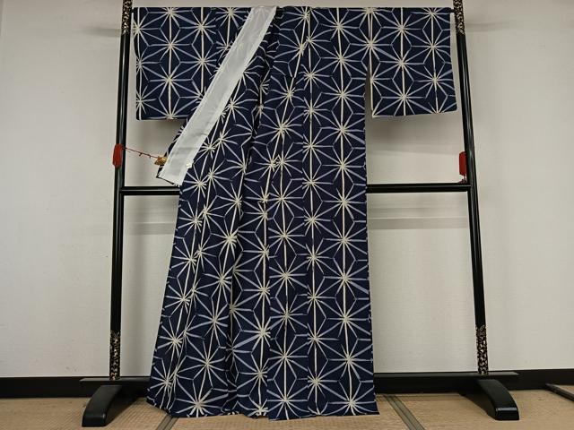 平和屋着物▽小紋 単衣 麻の葉文様 洗える着物 AABK1924jh