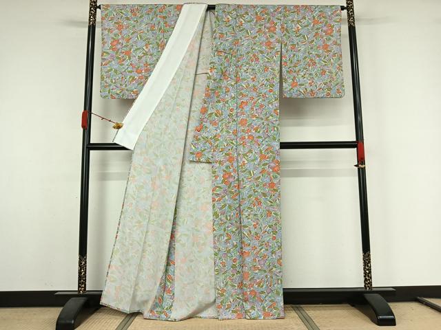 平和屋着物▽小紋 単衣 草花文 洗える着物 AABK1928jh