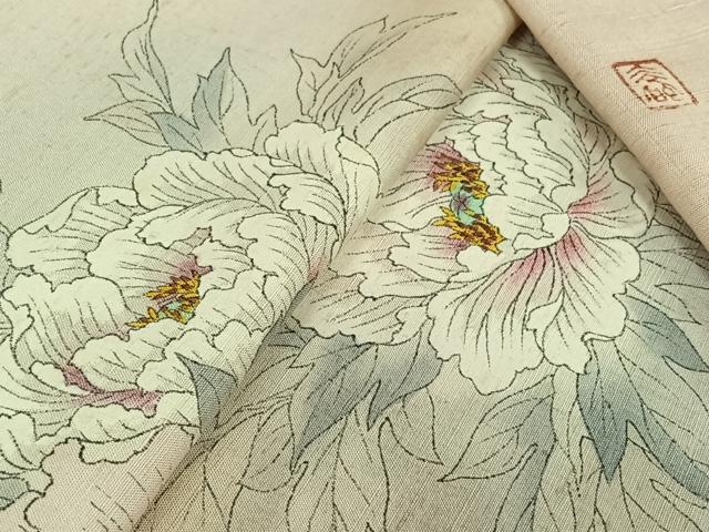 平和屋着物▽訪問着 単衣 紬地 作家物 手描き 草花文 正絹 逸品 AABK1942jh