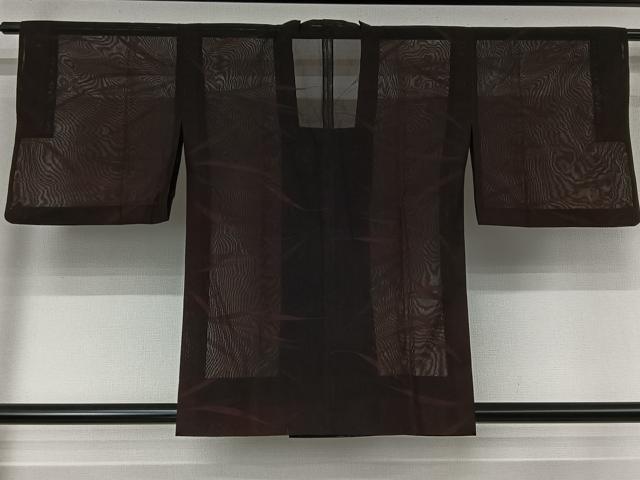 平和屋着物▽道行コート スリーシーズン 春夏秋 塵除け 草葉文 黒地 正絹 逸品 AABK1952jh