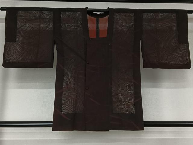 平和屋着物▽道行コート スリーシーズン 春夏秋 塵除け 草葉文 黒地 正絹 逸品 AABK1952jh