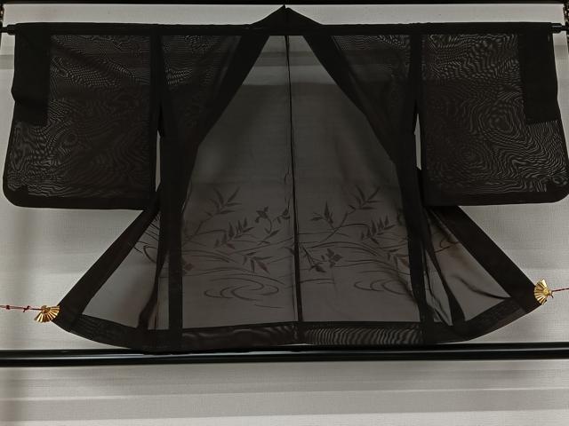 平和屋着物▽羽織 スリーシーズン 春夏秋 塵除け 流水草葉文 黒地 正絹 逸品 AABK1953jh