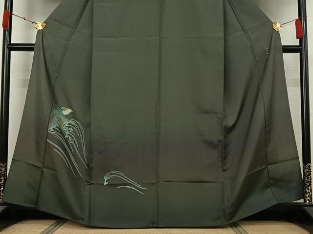 平和屋着物▽みのる工房 訪問着 単衣 紬地 立波文 鳥 金彩 正絹 逸品 AABK1979jh