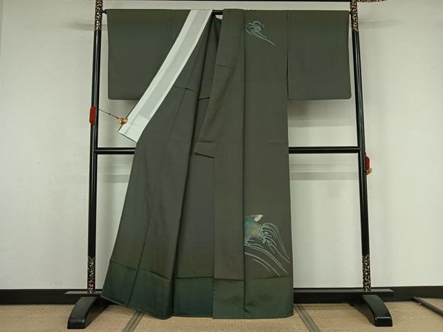 平和屋着物▽みのる工房 訪問着 単衣 紬地 立波文 鳥 金彩 正絹 逸品 AABK1979jh