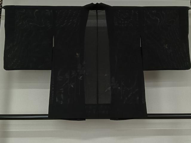 平和屋着物▽羽織 スリーシーズン 春夏秋 塵除け 草葉文 黒地 正絹 逸品 AABK1987jh