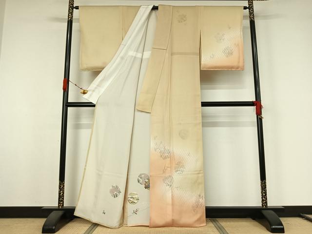 平和屋着物▽訪問着 紗袷 紗×絽 手描き 流水花丸文 銀彩 正絹 逸品 AABK1994jh