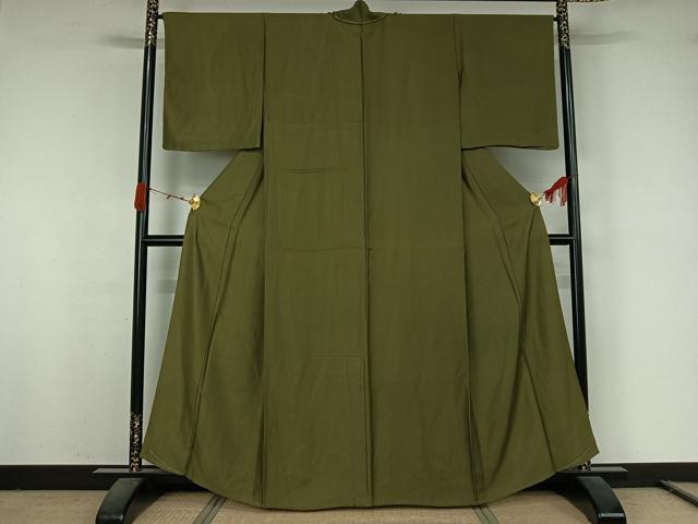 平和屋着物▽上質な色無地 単衣 幾何学地紋 草色 正絹 逸品 AABK2056jh