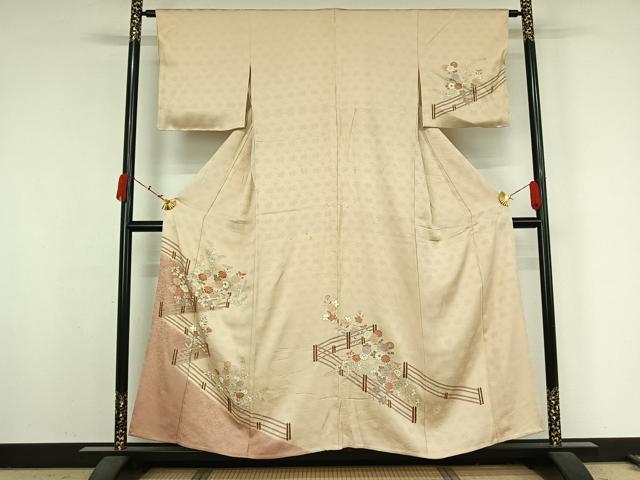 平和屋着物▽訪問着 単衣 刺繍 草花文 金彩 正絹 逸品 AABK2076jh