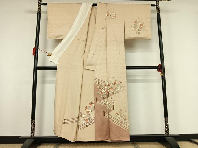 平和屋着物▽訪問着 単衣 刺繍 草花文 金彩 正絹 逸品 AABK2076jh