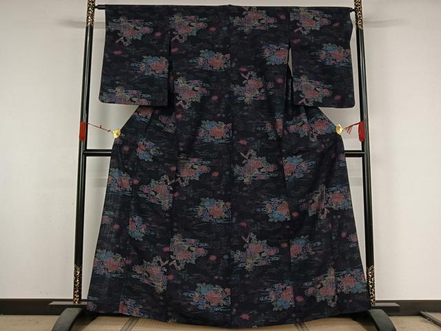 平和屋着物▽上質な紬 単衣 流水花文 正絹 逸品 AABK2088jh