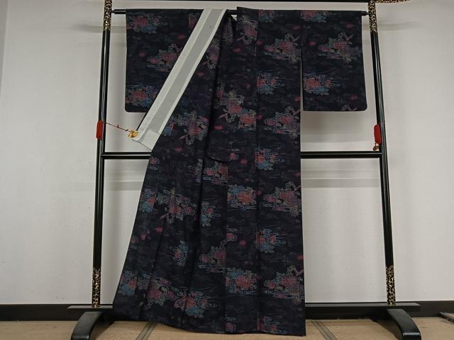 平和屋着物▽上質な紬 単衣 流水花文 正絹 逸品 AABK2088jh
