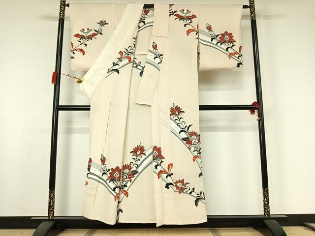 平和屋着物▽訪問着 単衣 更紗花文 金銀彩 正絹 逸品 AABK2089jh