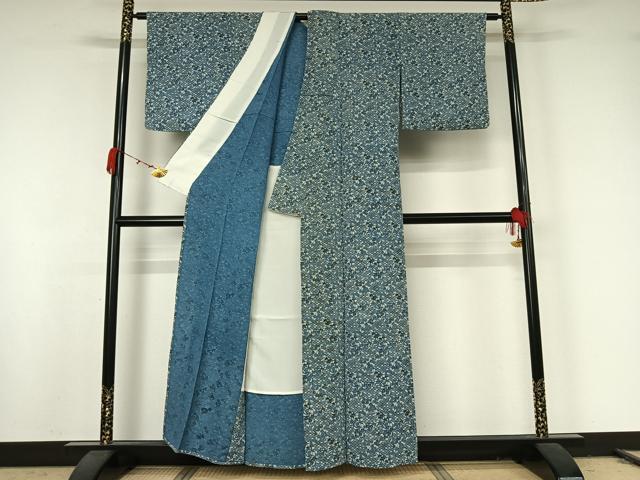 平和屋着物▽上質な小紋 単衣 型染め 青海波花文 鬼しぼ縮緬 正絹 逸品 AABK2096jh