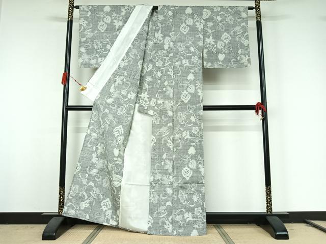 平和屋着物▽上質な紬 単衣 更紗花文 正絹 逸品 AABK2099jh