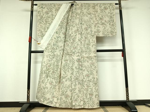 平和屋着物▽上質な紬 単衣 ちぢみ織 草花文 正絹 逸品 AABK2101jh