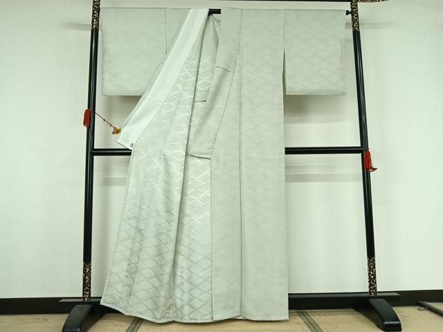 平和屋着物▽色無地 単衣 流水地紋 白鼠色 洗える着物 AABK2103jh