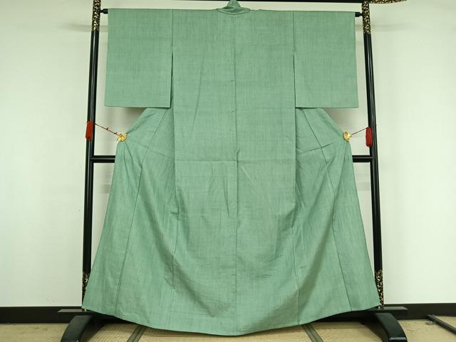 平和屋着物▽結城紬 単衣 色無地 錆青磁色 正絹 逸品 AABK2110jh