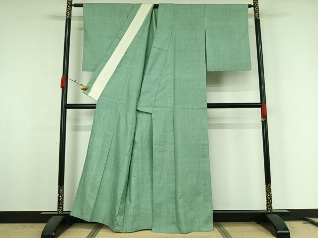 平和屋着物▽結城紬 単衣 色無地 錆青磁色 正絹 逸品 AABK2110jh