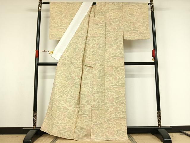 平和屋着物▽上質な紬 単衣 風景花文 正絹 逸品 AABK2113jh