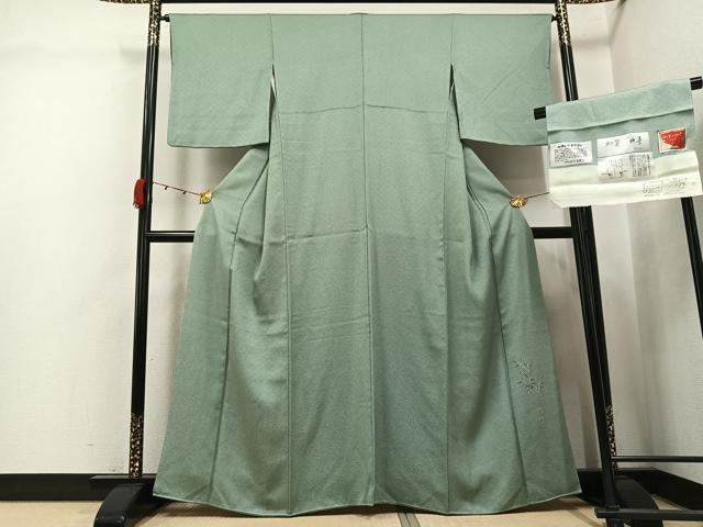 平和屋着物●京加賀友禅 百貫達雄監修 色無地 霞地紋 山葵色 丹後ちりめん 証紙・反端付き 正絹 逸品 AABK2124ph