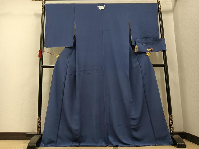 平和屋着物●上質な色無地 青褐色 高砂縮緬 反端付き 正絹 逸品 未使用 AABK2125ph