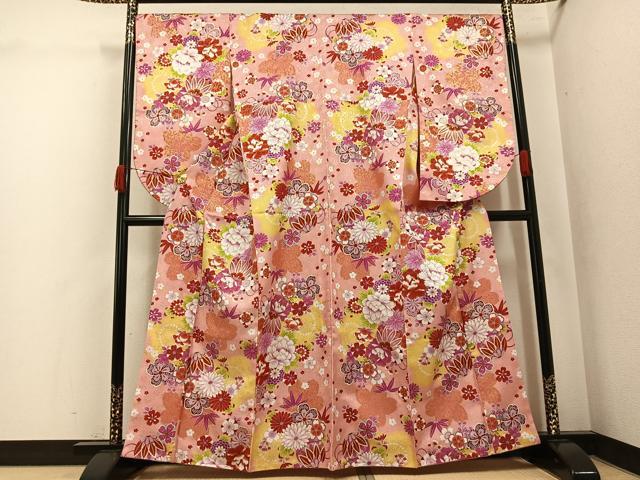 平和屋着物●小振袖 二尺袖 草花文 暈し染め 金彩 洗える着物 AABK2134ph