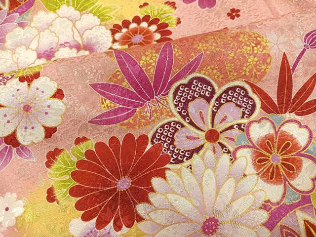 平和屋着物●小振袖 二尺袖 草花文 暈し染め 金彩 洗える着物 AABK2134ph