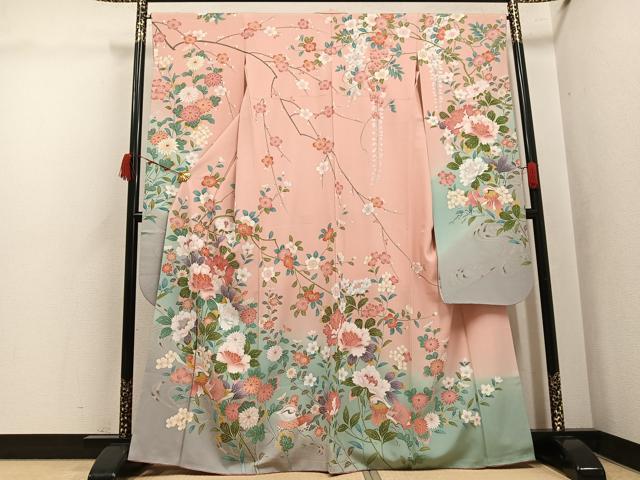 平和屋着物●豪華振袖 友禅 枝花文 暈し染め 正絹 逸品 AABK2149ph