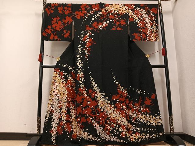平和屋着物●訪問着 枝花文 黒地 金彩 銀通し地 正絹 逸品 AABK2153ph