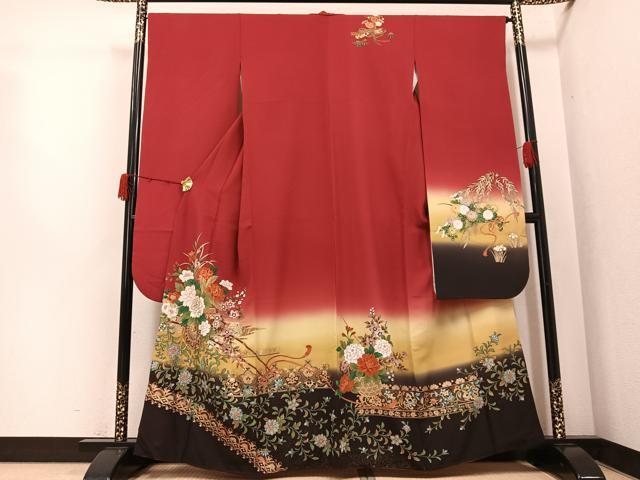 平和屋着物●豪華振袖 駒刺繍 花車文 暈し染め 金彩 正絹 逸品 AABK2162ph