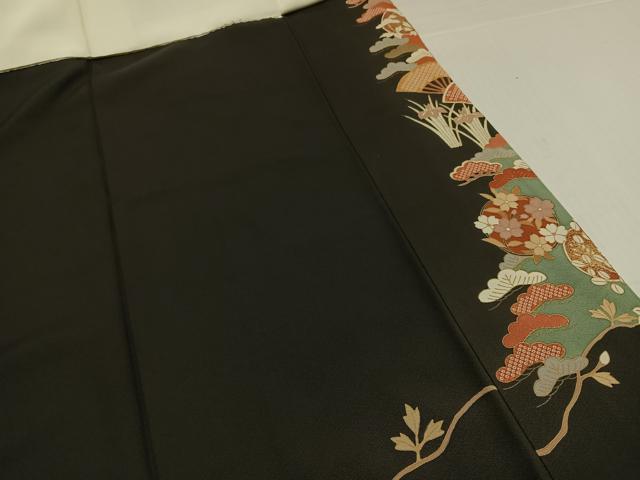 平和屋着物●豪華黒留袖 駒刺繍 地紙草花文 金彩 正絹 逸品 AABK2183ph