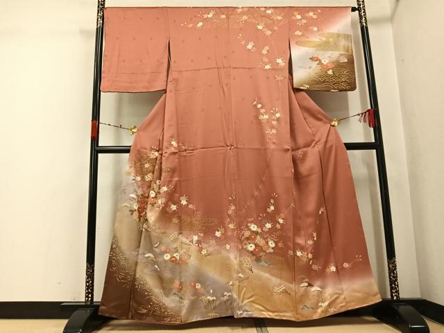 平和屋着物●訪問着 駒刺繍 舞扇草花文 暈し染め 金銀彩 正絹 逸品 AABK2184ph