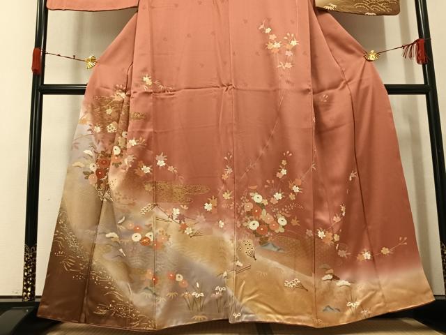 平和屋着物●訪問着 駒刺繍 舞扇草花文 暈し染め 金銀彩 正絹 逸品 AABK2184ph