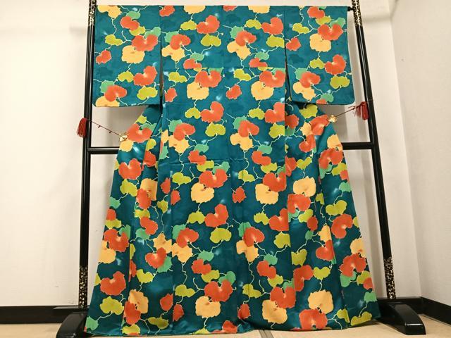 平和屋着物▼上質な小紋 地紋起こし 蔦の葉文 暈し染め 正絹 逸品 未使用 AABK2213ph